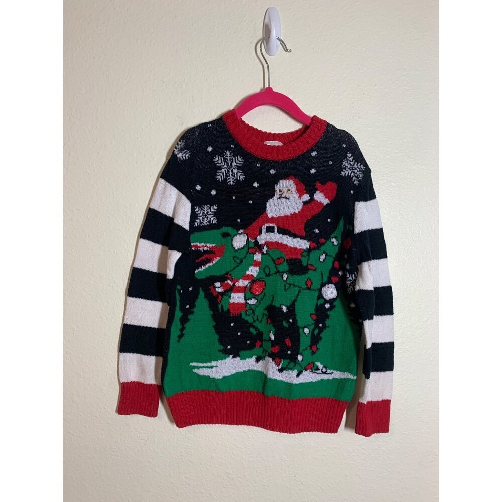 Well Worn Christmas Sweater Santa Dinosaur Ugly Holiday Black Youth Size Small